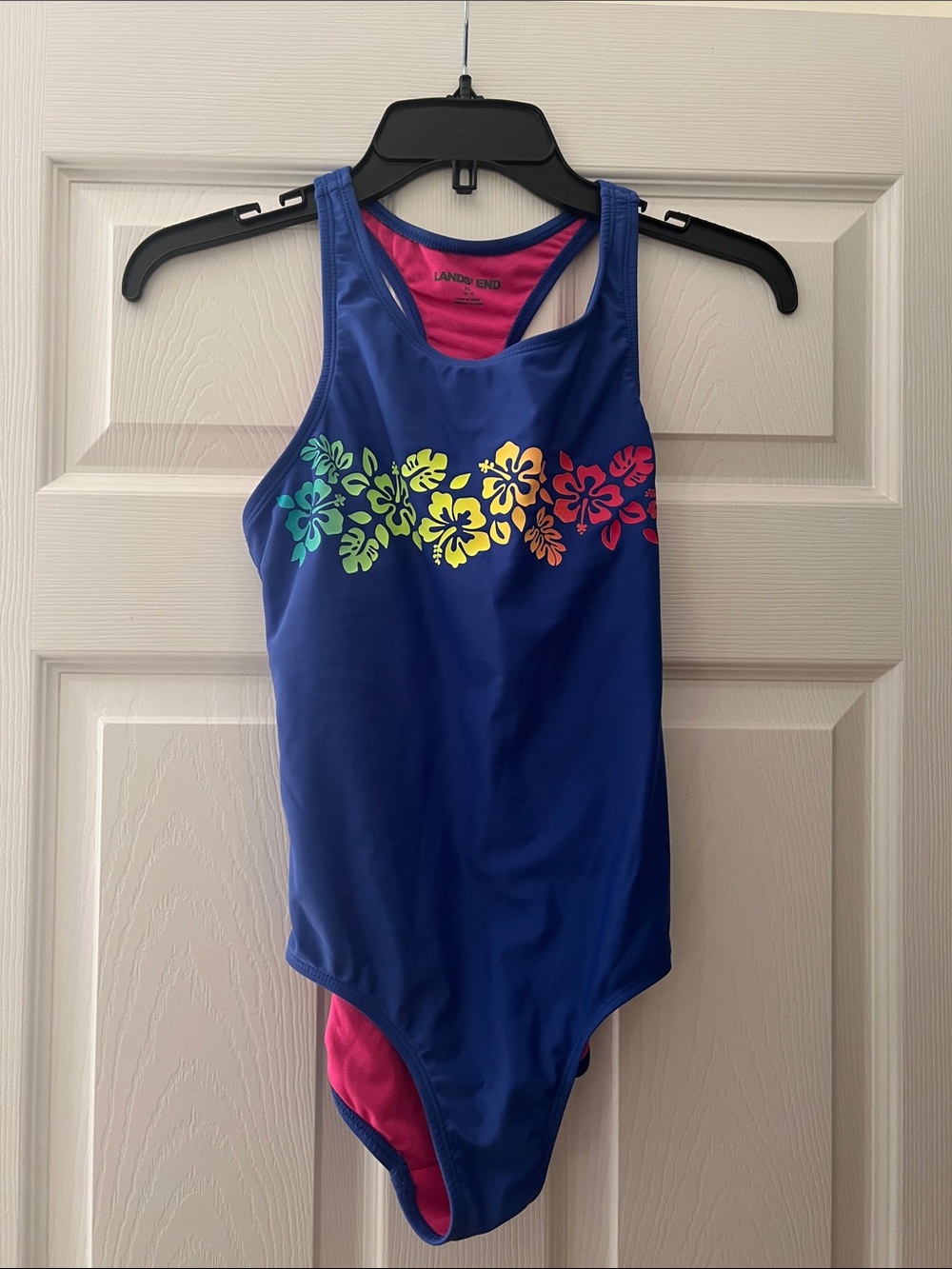 Lands' End NWOT Royal Blue Girls' One-Piece Swimsuit with Rainbow Floral